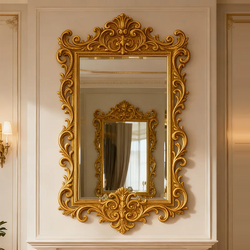 French retro carved wall mirror light luxury court style decorative American bathroom wall hanging bathroom