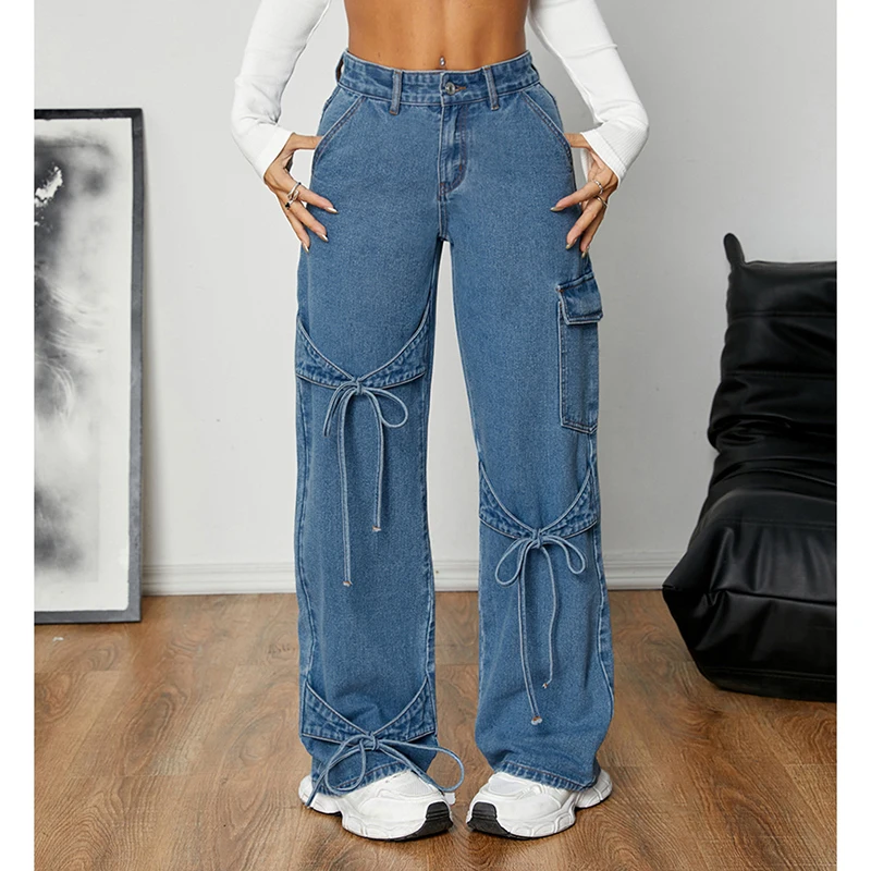 Blue Bow Detail Chic Jeans Women Loose Harajuku Y2K Straight Denim Pants American High Street Patchwork Pocket Wide Leg Trousers