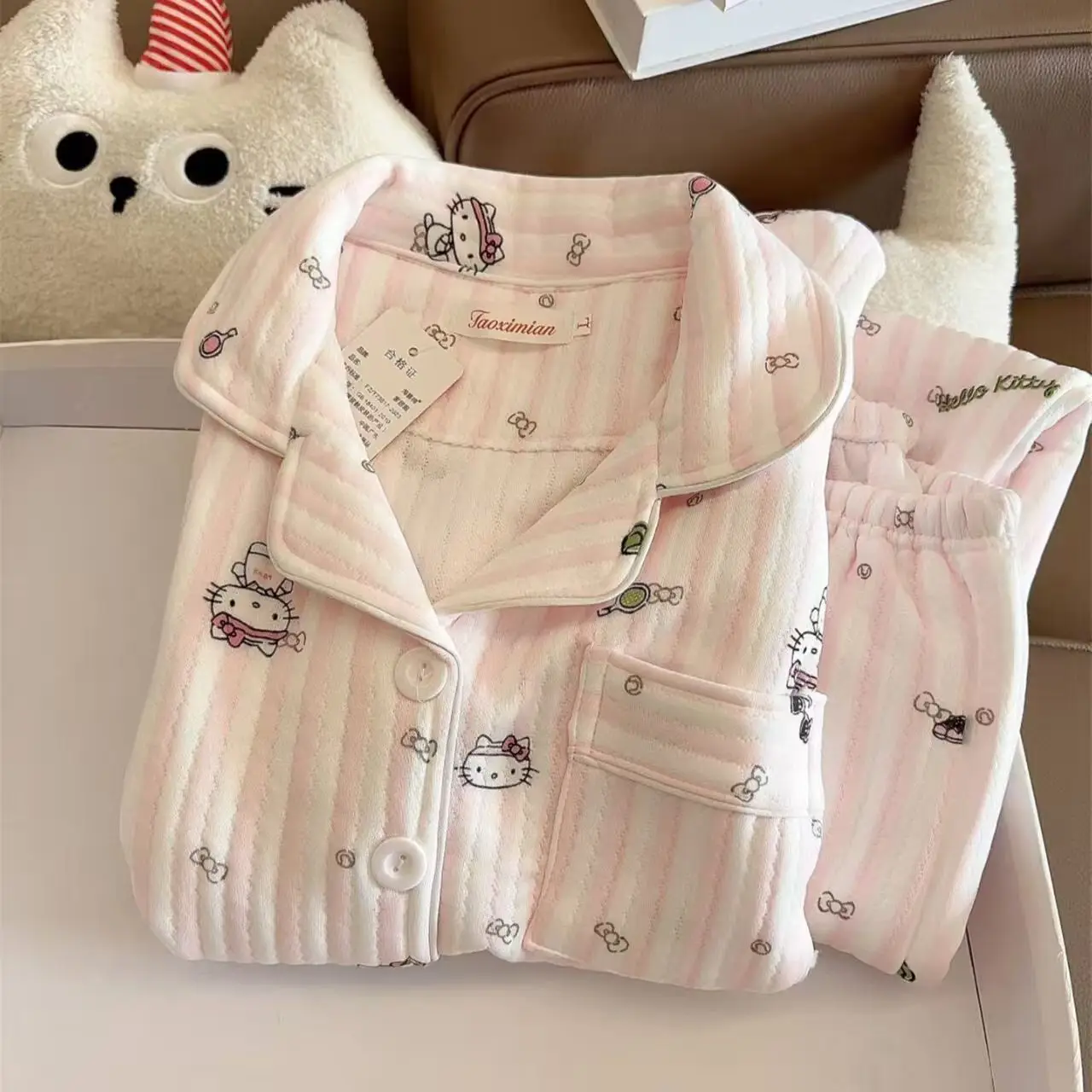 

Теплый подростковый домашний комплект Hello Kitty: пижама для девочек из двух предметов, осенне-зимняя, с длинными рукавами и брюками