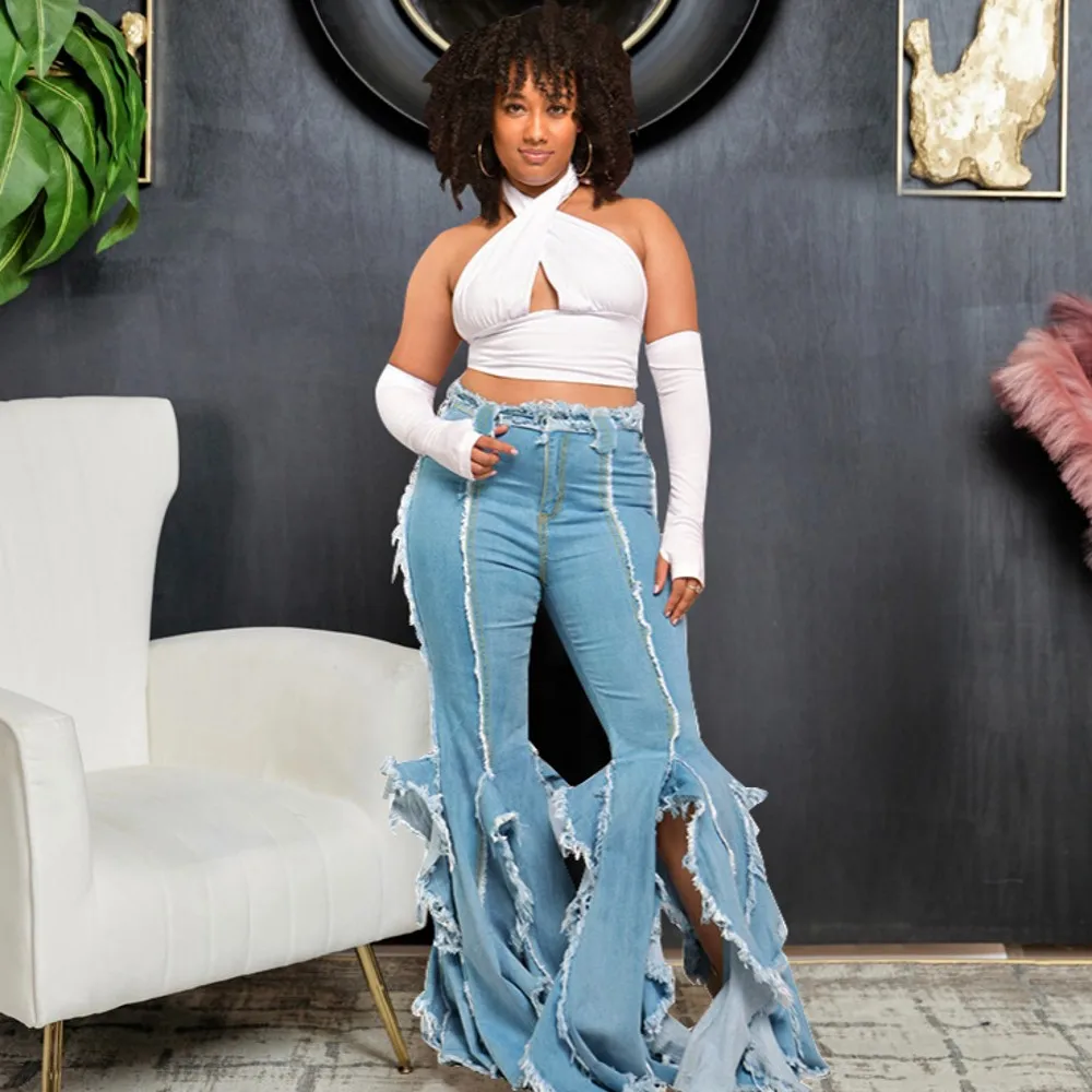 2024 Autumn Flare Pants Jeans For Women High Waist Patchwork Zipper Casual Wide Leg Pants Female Fashion Clothing New