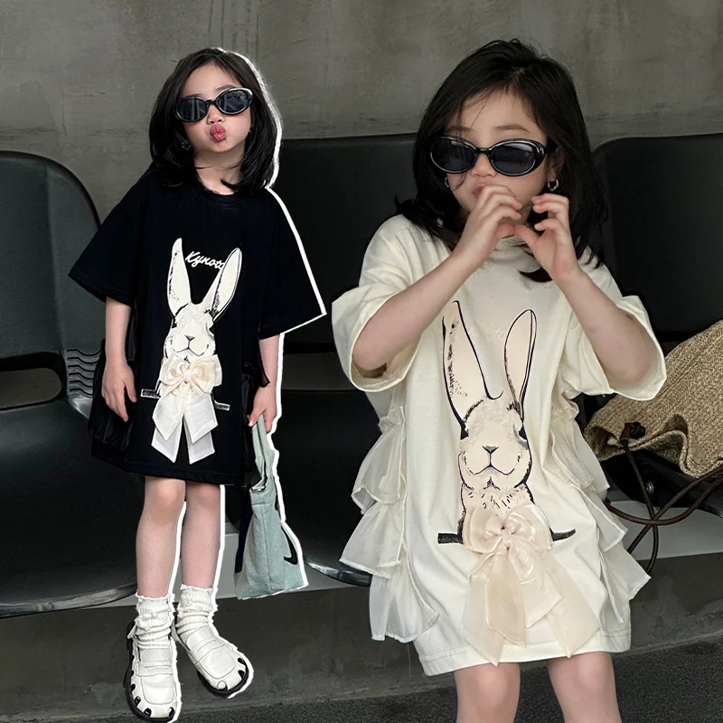 

Girls Princess Cotton Rabbit Bow T-shirt Dress Children Casual Teens Half Sleeve Ruffled Back Dress Tees Summer Baby Clothes