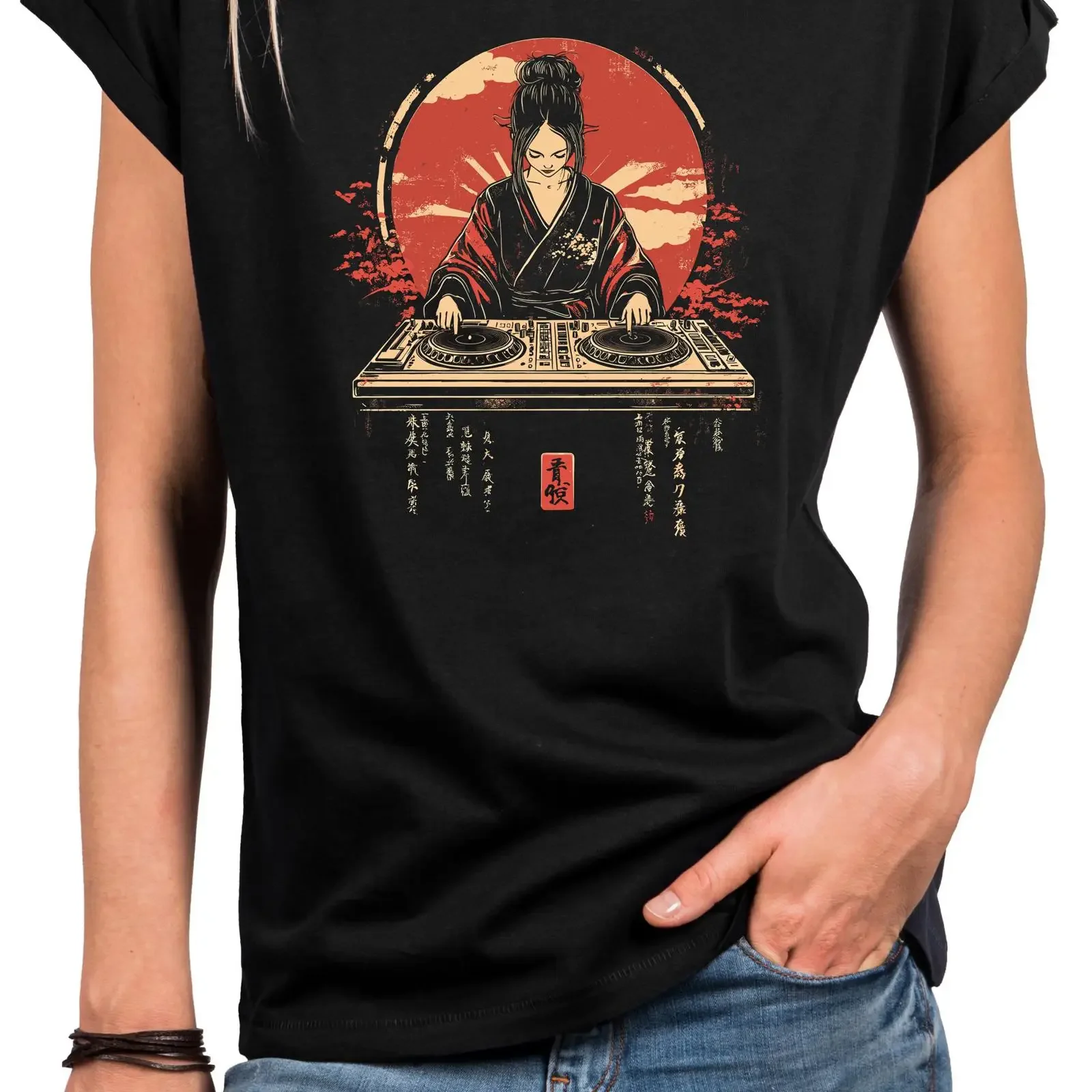 Women's Japanese Geisha DJ T Shirt Oversized Cotton Asian Style Techno Streetwear Rave Festival Party Club Top XS 5XL vintage