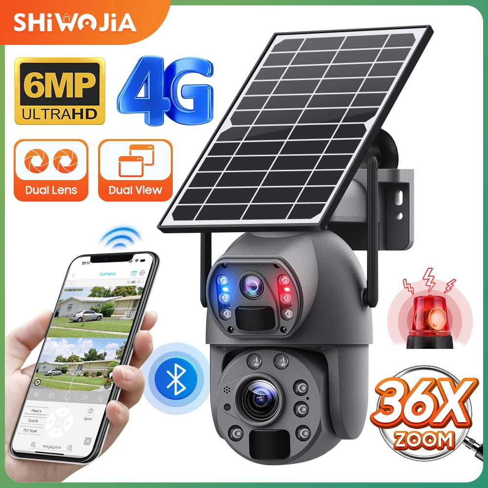 SHIWOJIA 3K 6MP 4G Solar Camera 20X Zoom Dual Lens Recording Humanoid Tracking Outdoor WIFI Camera Metal Waterproof CCTV 12000mA