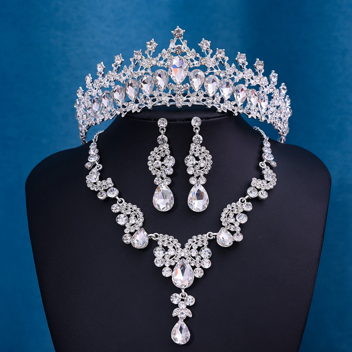 3Pcs/set Baroque Crystal Bridal Jewelry Rhinestone Tiaras Crown Necklace Earring For Bride Women Wedding Jewelry Set Gift image 3