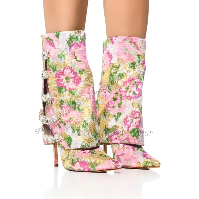 Botas puntiagudas florales de colores mezclados Para mujer, Zapatos de media pantorrilla, tacones altos finos, moda novedosa, 2023