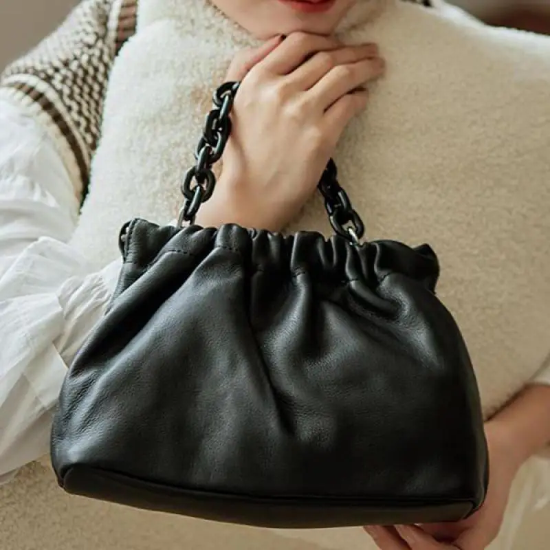 

French Pleated Head Layer Cowhide Leather Chain Handbag For Women Casual Simple Everything Multi-functional Crossbody Bag Trendy