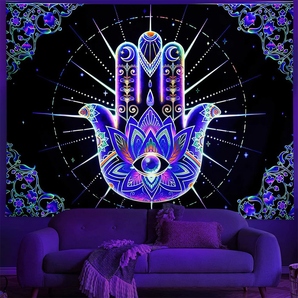 Fluorescent Tapestry Hippie Home Decor   UV Reactive Psychedelic  Wall Hanging Boho Style