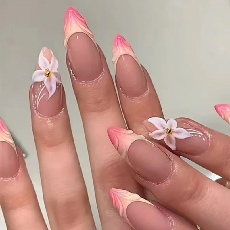 24pcs French Tip False Nails with White Flowers Floral Press on Nails Gradient Pink Yellow Artificial Nails Full Cover Nail Tips