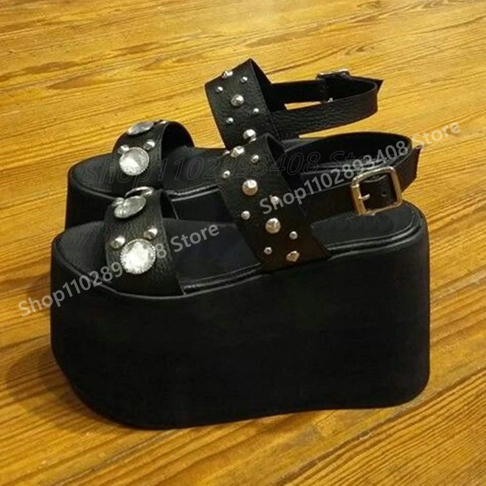 

Round Crystals Rivets Decor Open Toe Sandals Thick Soled Slingback Wedges High Heel Women Shoes 2025 Summer Zapatos Para Mujere
