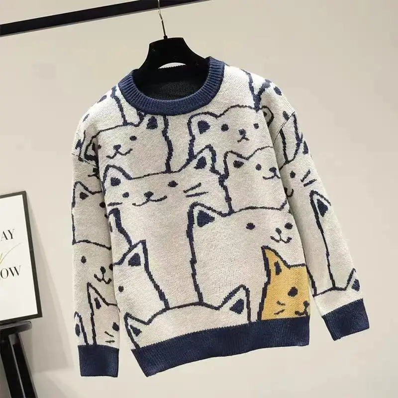 

Loose Long Sve Women's Knitted Sweater Cartoon Brand Tag round Ne Casual Faion Commute Sle Blend Fabric