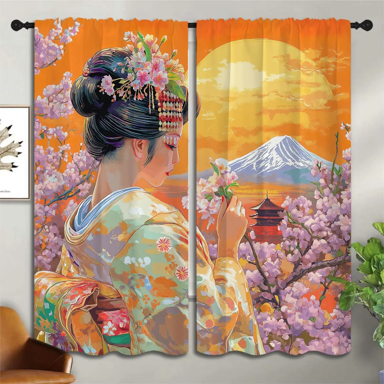 Japanese Geisha Kimono Mount Fuji Cherry Blossom Sunset Blackout Rod Pocket Curtain Ukiyo-e Retro Elegant Bedroom Rest Bay
