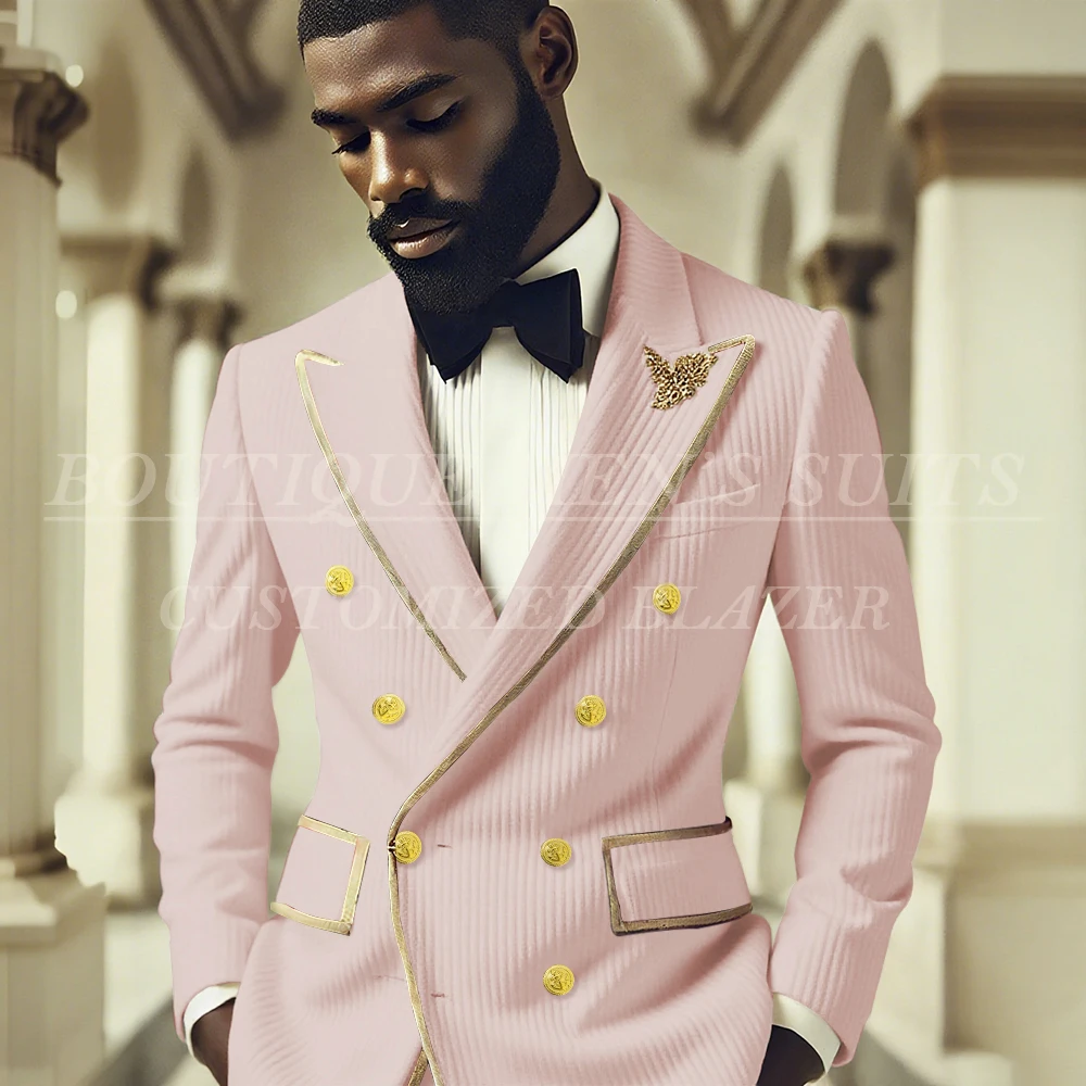 럭셔리 레드 코듀로이 남성 정장 복장 패션 더블 브레스트 피크 라펠 블레이저 우아한 웨딩 남성 의류 Terno 의상