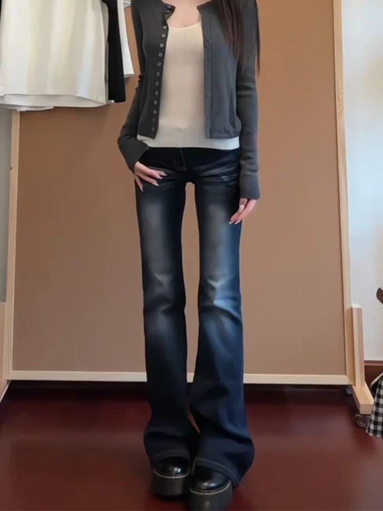 미국 슬림 플러스 사이즈 여성용 K 웨이스트 스트레이트 레그 진 가을 겨울 신상 슬림핏 마이크로 플레어 팬츠