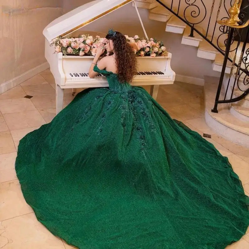 Personalizado glitter verde escuro quinceanera vestido de baile apliques frisado espartilho vestidos doce 16 vestido de 15 anos