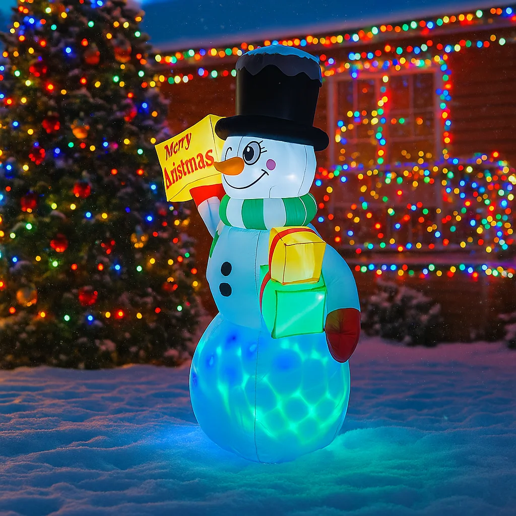 1.5M/4.9FT Opblaasbare Kerstsneeuwman Holding Teken Licht LED Woondecoratie Speelgoed Tuin Kerstvakantie Benodigdheden Outdoor Gazon Decor