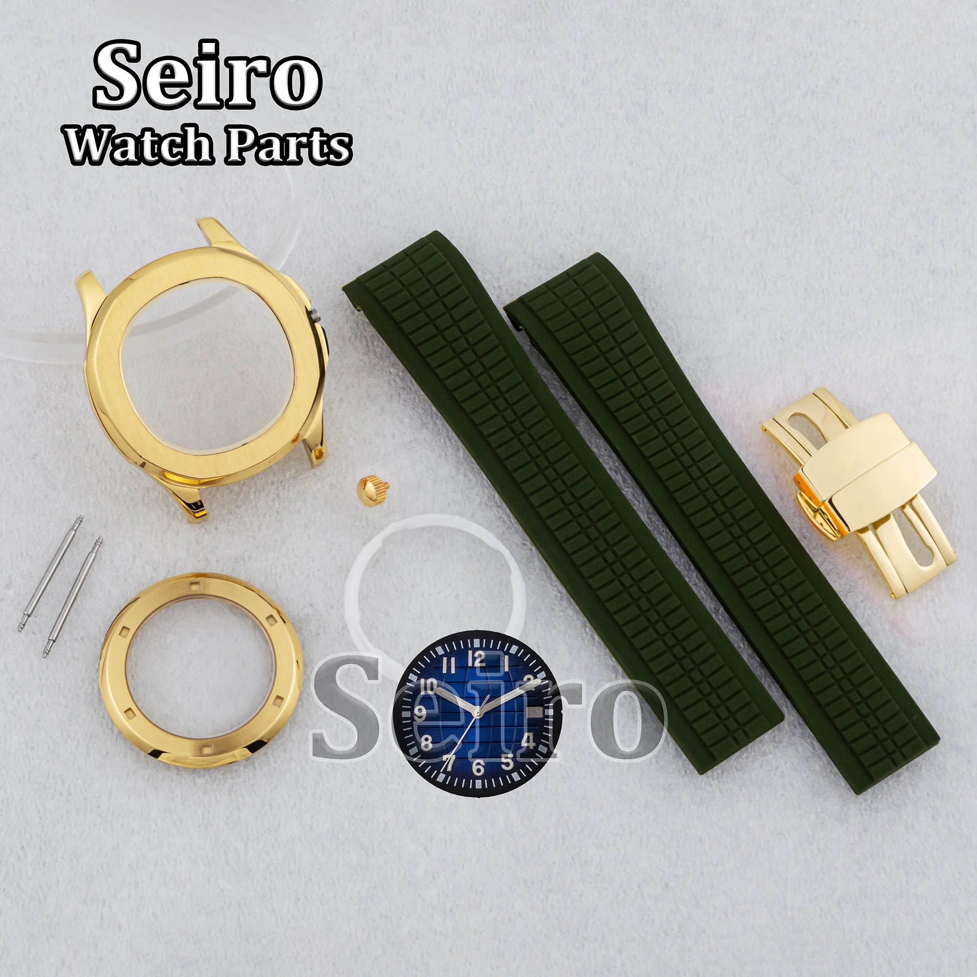 Stainless Steel 42MM PVD Gold NH35 Case Dark Green Red Rubber Strap 32MM Luminous Dial Hands for AQUANAUT Nautilus NH36 Movement