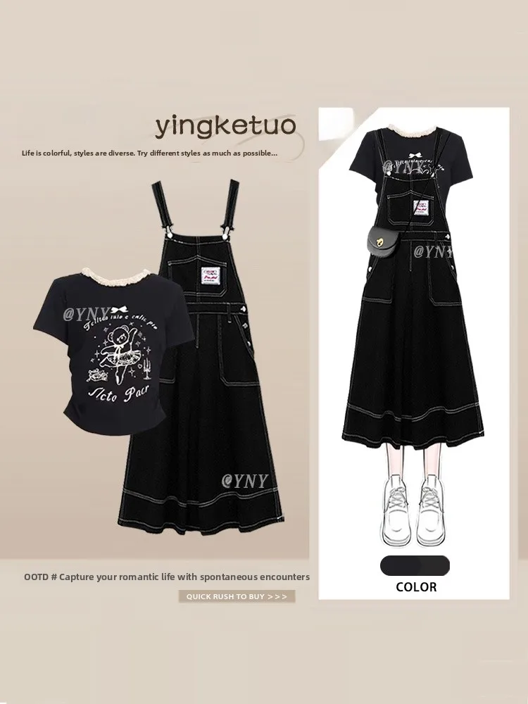 

Retro Korean Print Lace Trim round Neck Short Sleeve T-Shirt Women's Denim Overalls Summer Two-Piece Set Loose Fit Casual Wear
