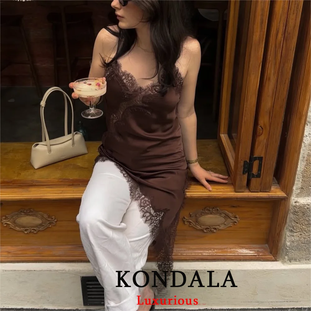 KONDALA الساتان مثير الدانتيل تقسم فستان بكتافة قصيرة المرأة بلا أكمام عارية الذراعين غير المتماثلة مثير فساتين الحفلات 2025 الخريف فستان سيدة #6