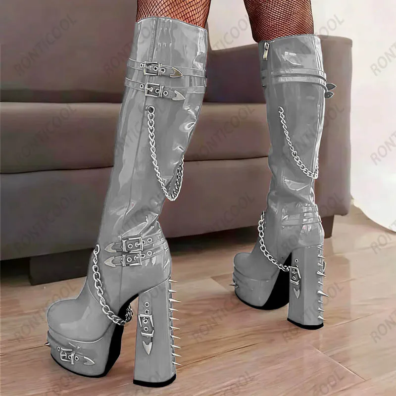 Ronticool Real Photos Women Winter Knee Boots Buckle Strap Block High Heels Round Toe Pretty Black Punk Shoes Plus US Size 5-20
