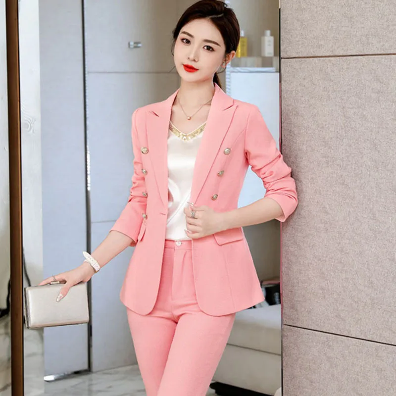 

Women Blazer Pants Sets Full Sleeve Double Breasted Top + High Waist Trousers Formal Cloth Office Lady New 2024