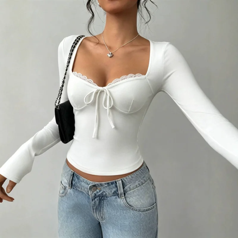 Slim Fit Long Sleeve T-Shirt with Lace Necktie Design Hot Girl Style Square Collar Casual Wear Polyester Fabric Regular Thick...