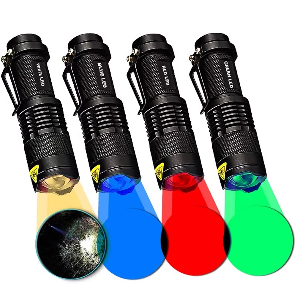 Small mini strong light camera fill light flashlight white blue green red four light source can be focused 14500 battery