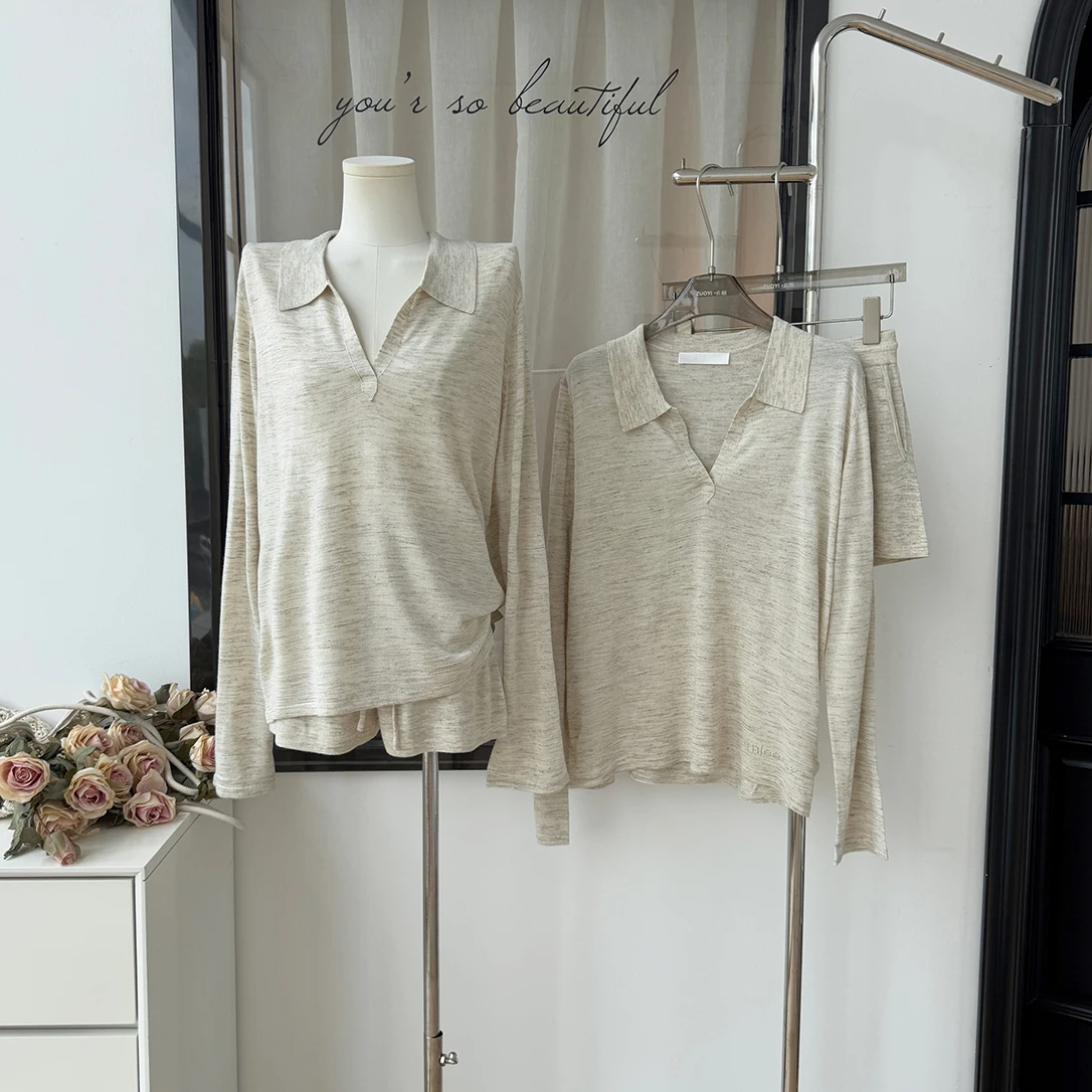 

Женский летний повседневный комплект из двух предметов, женский пуловер с воротником-поло и длинными рукавами, свободная футболка + шорты на талии на шнурке