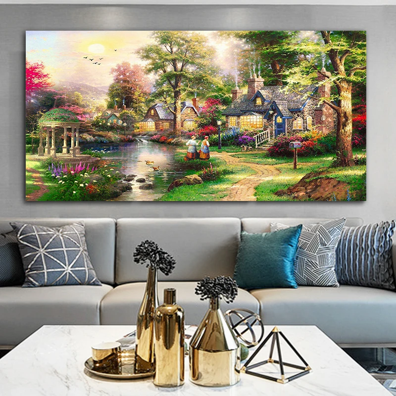 Retro Village Landscape Painting, Living Room, Office, Bedroom, Modern Art Decoration, Canvas Painting