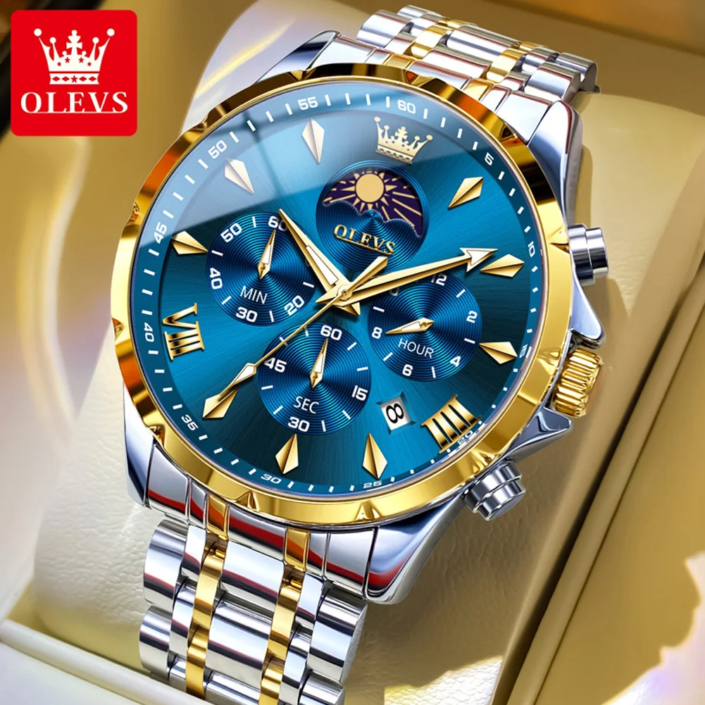 

OLEVS Men Watch 3653 Moon Phase Quartz Watch Waterproof Luminous Date Watches For Man Gifts Box Original Business Brand