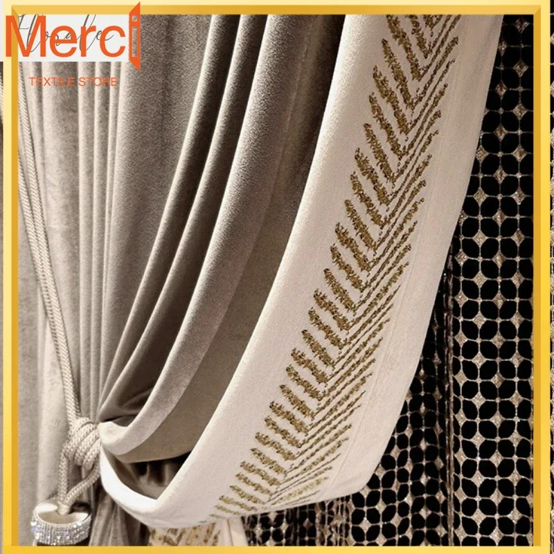 

Light Luxury Curtains For Living Room High-end Italian Style Velvet Embroidery Blue Milk Brown Curtains High-end Custom Size
