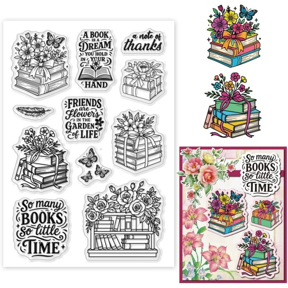 1 Blatt transparente Stempel mit Blumen, Vintage-Buch, inspirierende Sätze, transparente Gummistempel, wiederverwendbarer transparenter Stempel