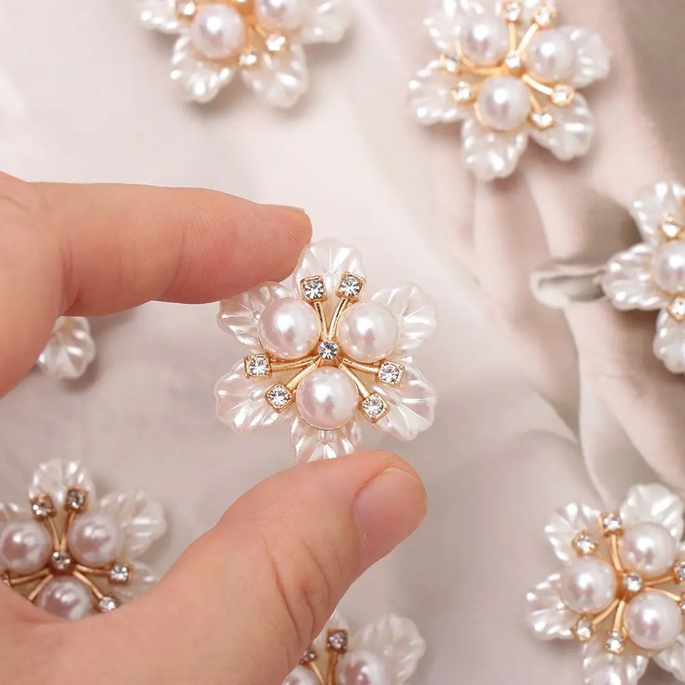 5PCS Pearl Flower Rhinestone Buttons Sparkling Crystal Hairpins Decoration Clothes Buttons DIY Crafts Apparel Sewing Accessories