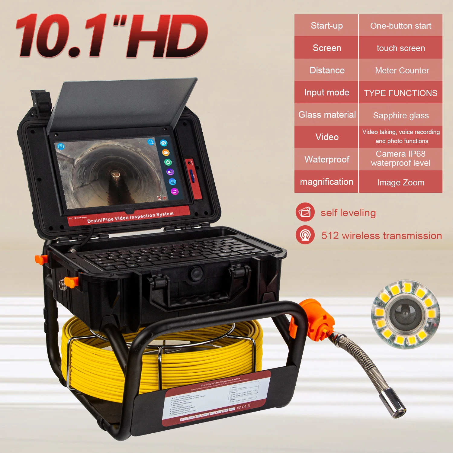 

512HZ Self-leveling 8GB Video Recording Drain Sewer Inspection Camera Endoscope Pipe Inspection Camera With Counter Met