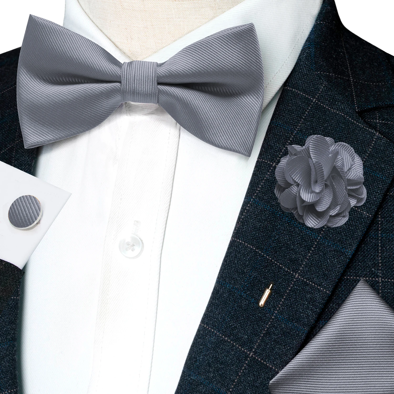 Hochzeits-Fliege für Herren, einfarbig rosa, vorgebundene Fliege, Einstecktuch, Manschettenknöpfe, Corsage-Set, Party, Business, Seiden-Schmetterlingsknoten, Geschenk – Detail 22
