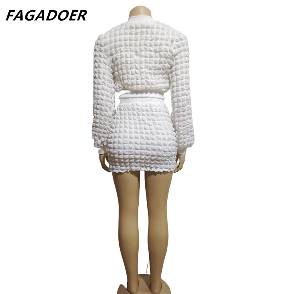 FAGADOER White Elegant  2 Piece Set Women Outfits Autumn Trend Zip Crop Coat + Sexy Skinny Mini Skirts Sets Fashion Streetwear