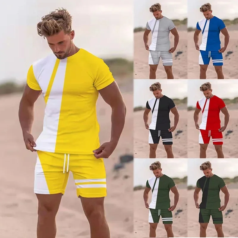 Summer 2025 Men's Beach Shorts Set 3D Printed Simple Casual Style Short Sleeved T-shirt Shorts 2-piece Set Loose Sports