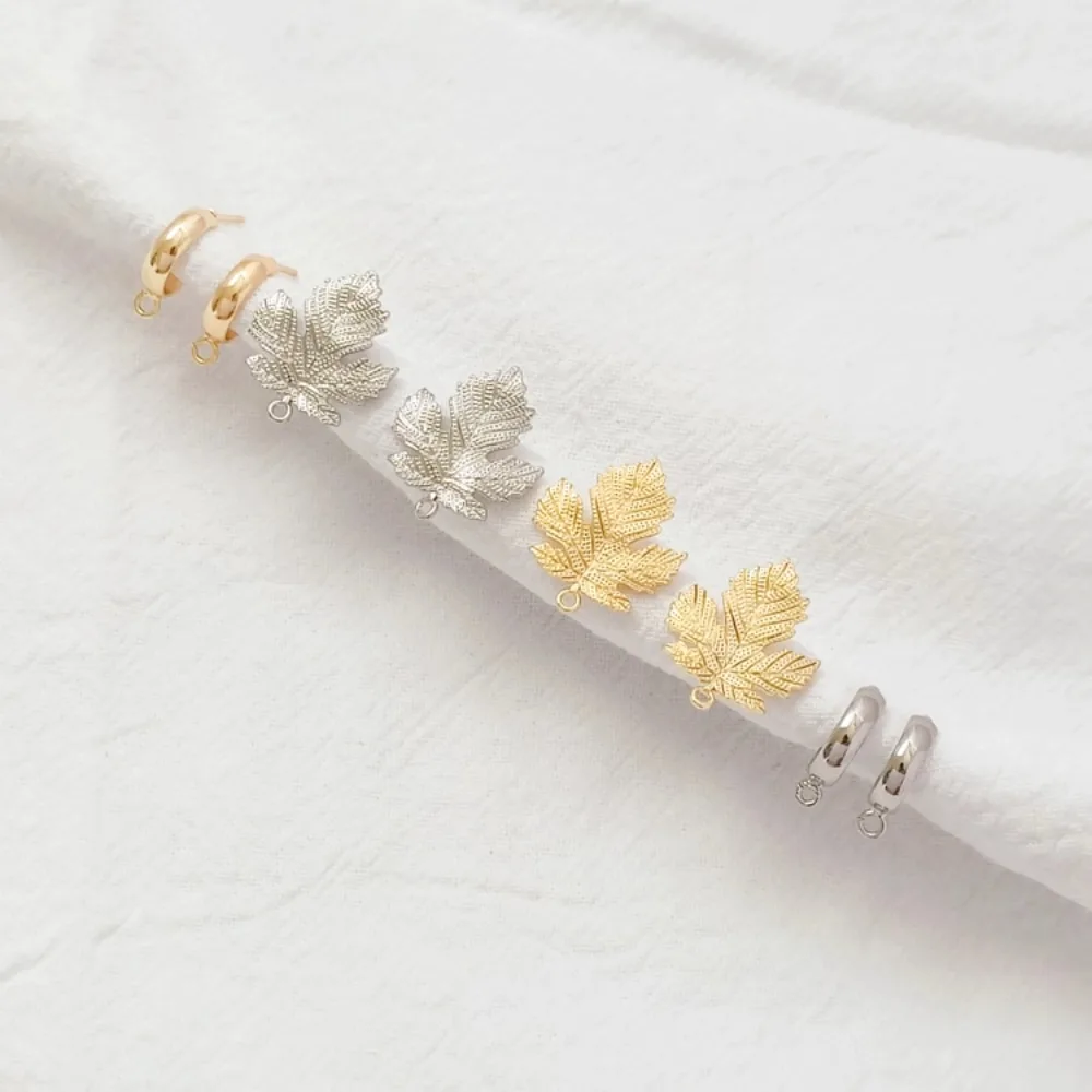 

Позолоченное кольцо из белого золота 14 карат с подвеской в виде кленового листа, полукруглое кольцо C, шпилька S925, серьги-гвоздики ручной работы «сделай сам»