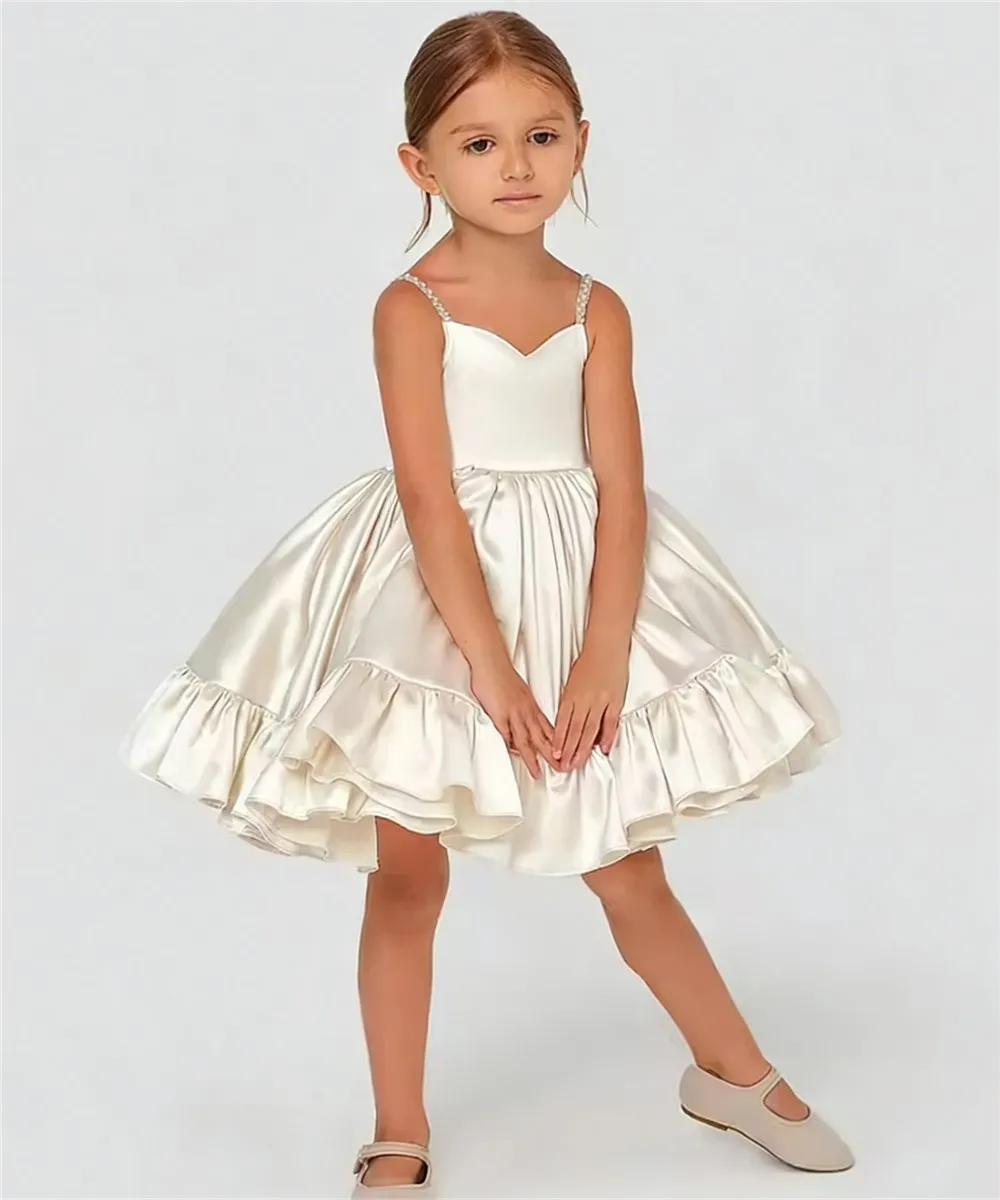

Elegant Ivory Flower Girl Wedding Dress Satin Sleeveless Princess Birthday Party Dress Kids vestidos de comunión Gown Customized