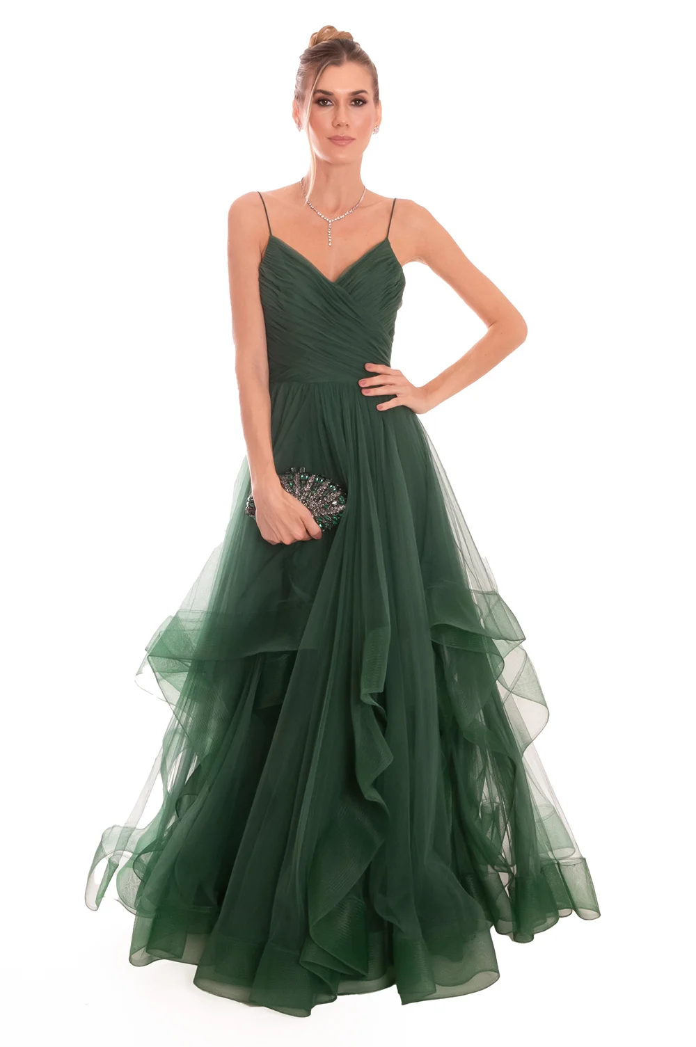 Jessica Curly Edge Layering Prom Dresses Dark Green Evening Dress Tulle Sexy Backless Formal Occasions Elegant Lady Party Dress