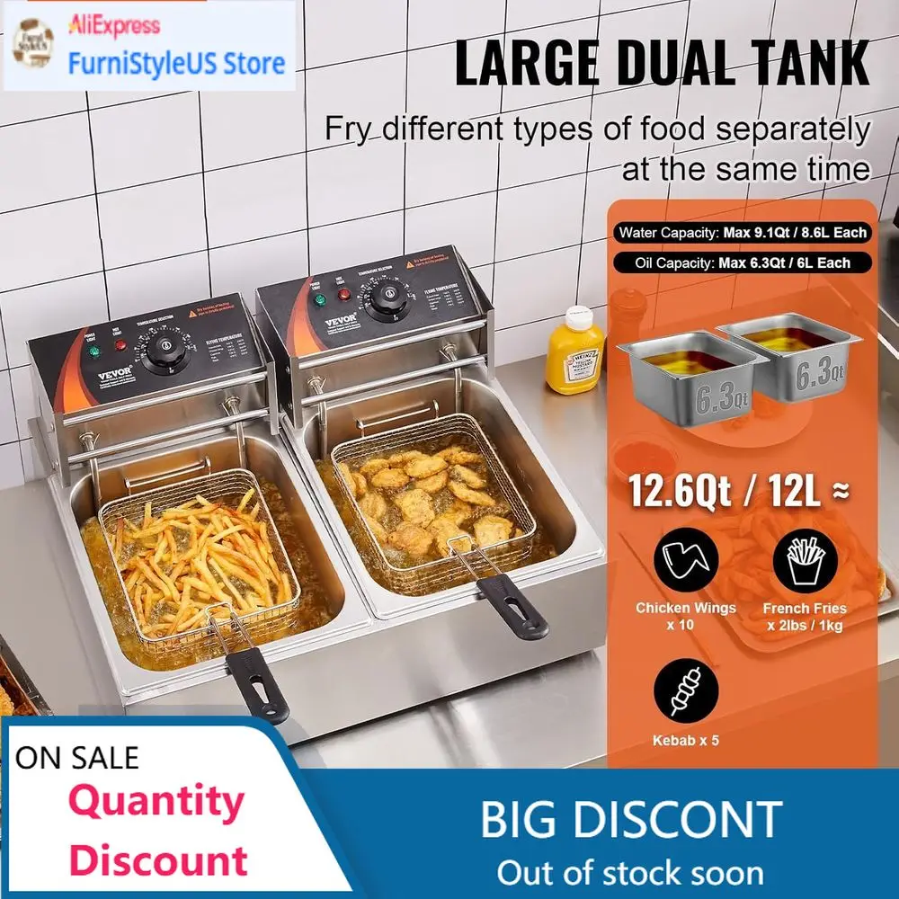 

Популярная электрическая фритюрница с двумя баками, 3000 Вт, 2 емкости из нержавеющей стали по 9,1 л, корзина в комплекте, контроль температуры и защита от перегрева