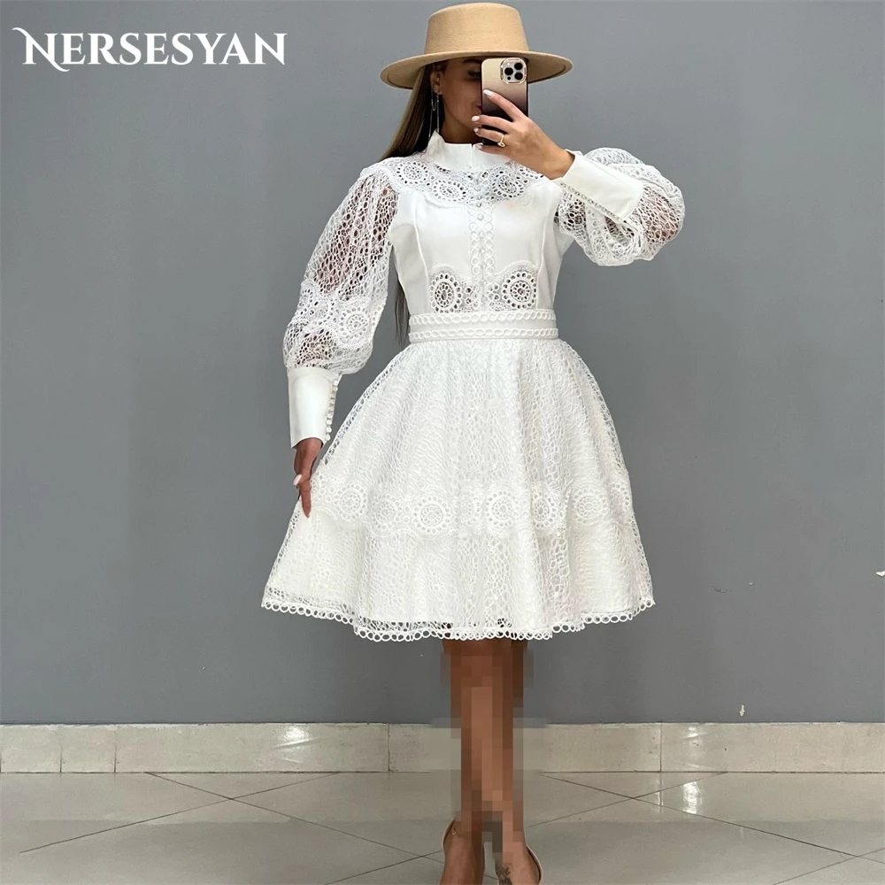 

Nersesyan Bohemia Lace Wedding Dresses A-Line Knee Length Saudi Arabia Lantern Sleeves Bridal Gowns Pure 2024 vestidos de novia