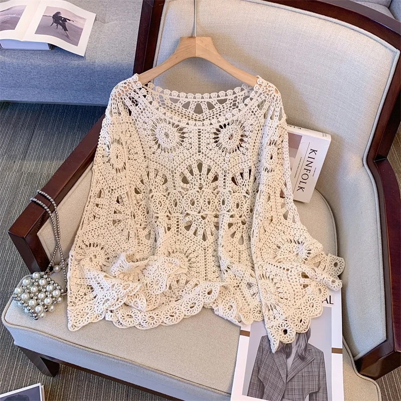 

Bohemian Lace Hook Flower Hollow Knitted Top Women Summer Fashionable Unique Outerwear Shirt Loose Fit Bell Sleeve Cotton