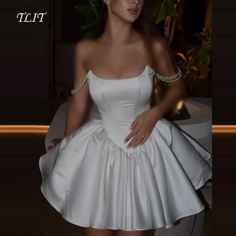 

TLIT Elegant Short Silk Satin A-Line Evening Gown Dresses Strapless Pearls Off Shoulder Prom Gowns Customized Formal Party