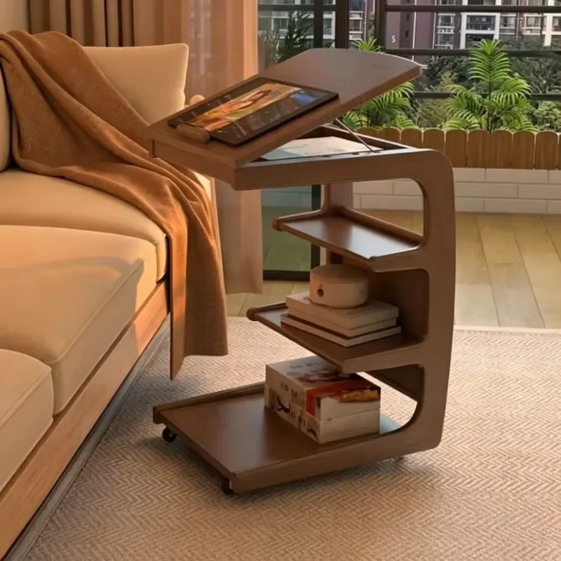 Removable Wooden Sofa Side Table Living Room Cabinet With Wheels Clamshell Multi Functional Storage Rack Small Household