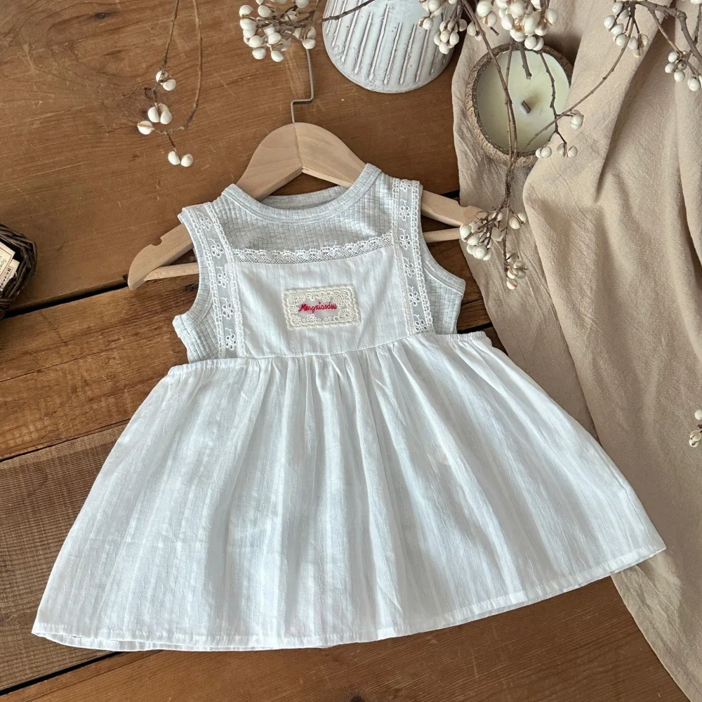2026 Summer Baby Dress Cute Lace Flower Toddler Girls Suspenders Dress Korean Style Cotton Girls Overalls Skirts Infant Clothes