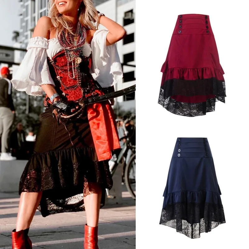 

Vintage Woman Lace Skirt Retro Lolita Gothic Dress Casual Office Lady Elegant Leather Patchwork Skirt Female Mid-length Skirt