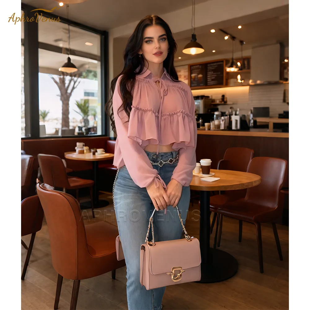 Women's Flowy Chiffon Shirt Long Sleeve Ruffle Detail Loose Fit Blouse Casual Everyday Tops for Women  Spring Autumn