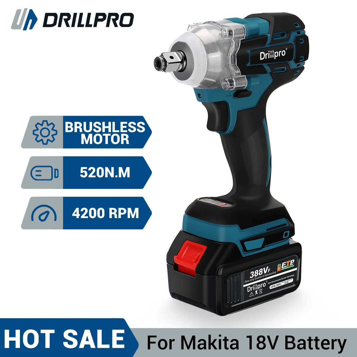

Drillpro Brushless Electric Impact Wrench 520N.M 1/2" Variable Speed Cordless Wrench Screwdriver Tool for Makita 18V Battery