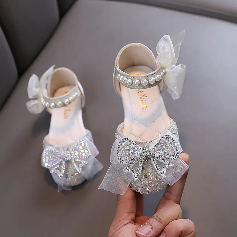 Children\'s Sandals Sweet Rhinestone Bowtie Princess Shoes for Girls Summer Fashion Elegant Pearl Kids Causal Dress Flat Sandals