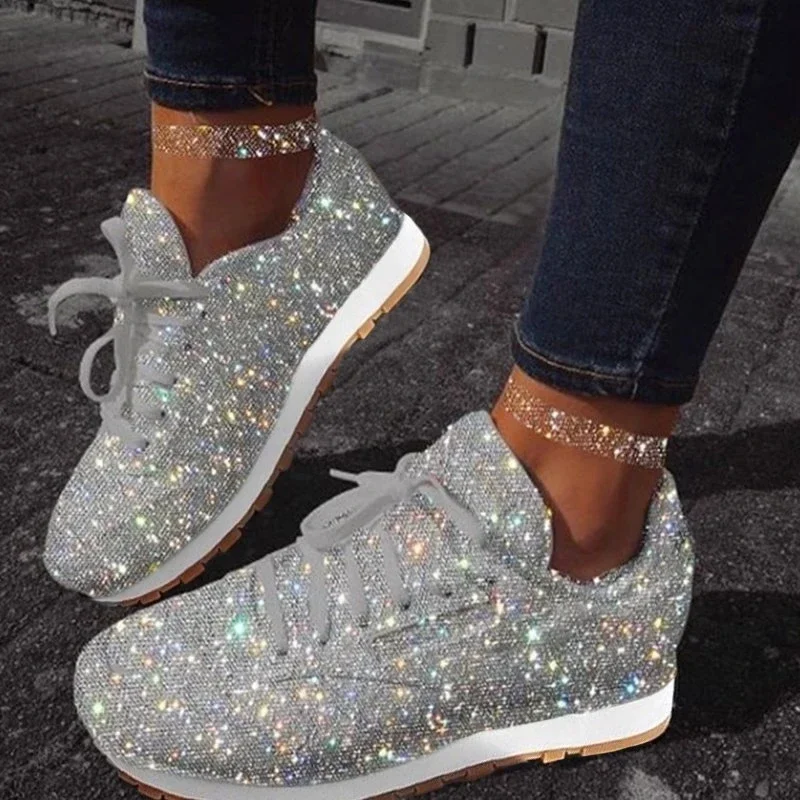 Women Casual Glitter Shoes Mesh Flat Shoes Ladies Sequin Vulcanized Lace Up Sneakers Outdoor Sport Running Shoes 2024